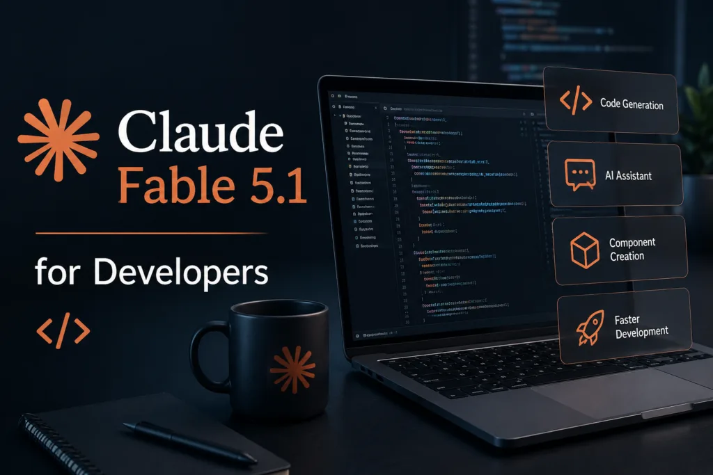 Claude Fable 5.1 for Developers — dark tech-themed banner with laptop, code editor, AI assistant, component creation, and faster development.
