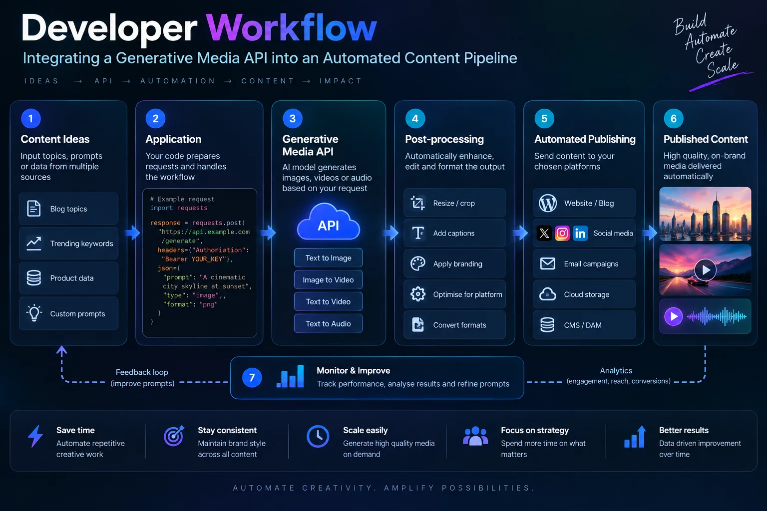 Developer workflow diagram showing how a generative media API connects content ideas, application requests, AI generation, post-processing, automated publishing, monitoring and analytics in an automated content pipeline.