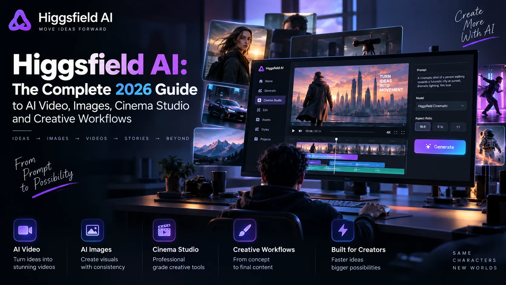 Higgsfield AI 2026 guide hero image showing an AI creative workspace for video, image generation, Cinema Studio and creative workflows.