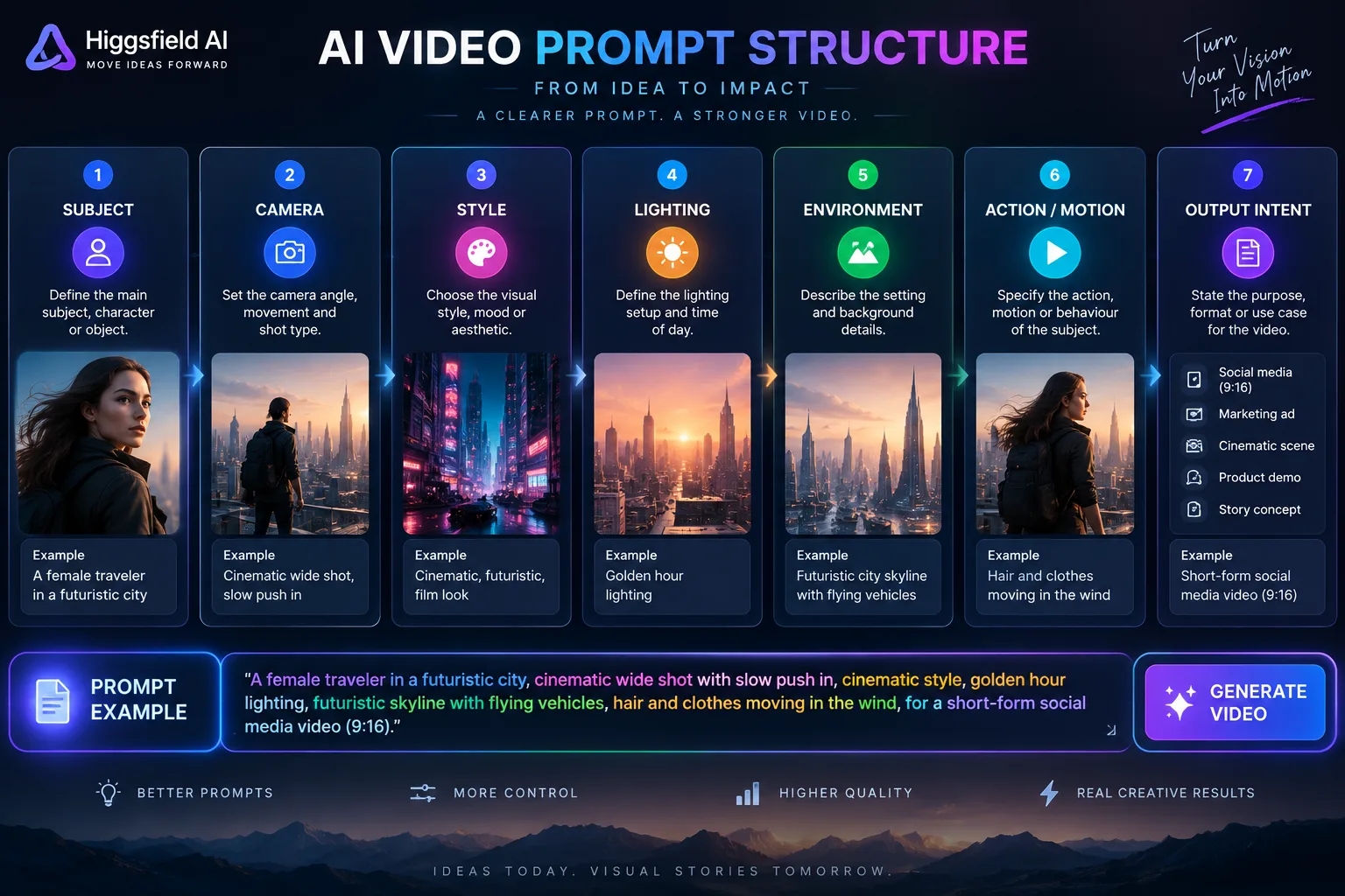 Higgsfield AI video prompt structure infographic showing subject, camera, style, lighting, environment, action and motion, and output intent, with an example prompt workflow.