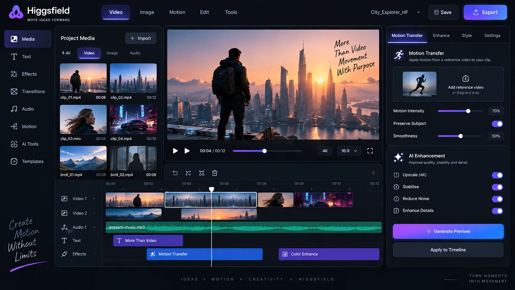 Higgsfield AI video editing workspace showing a clip timeline, motion transfer controls, AI enhancement settings, media library and cinematic video preview.