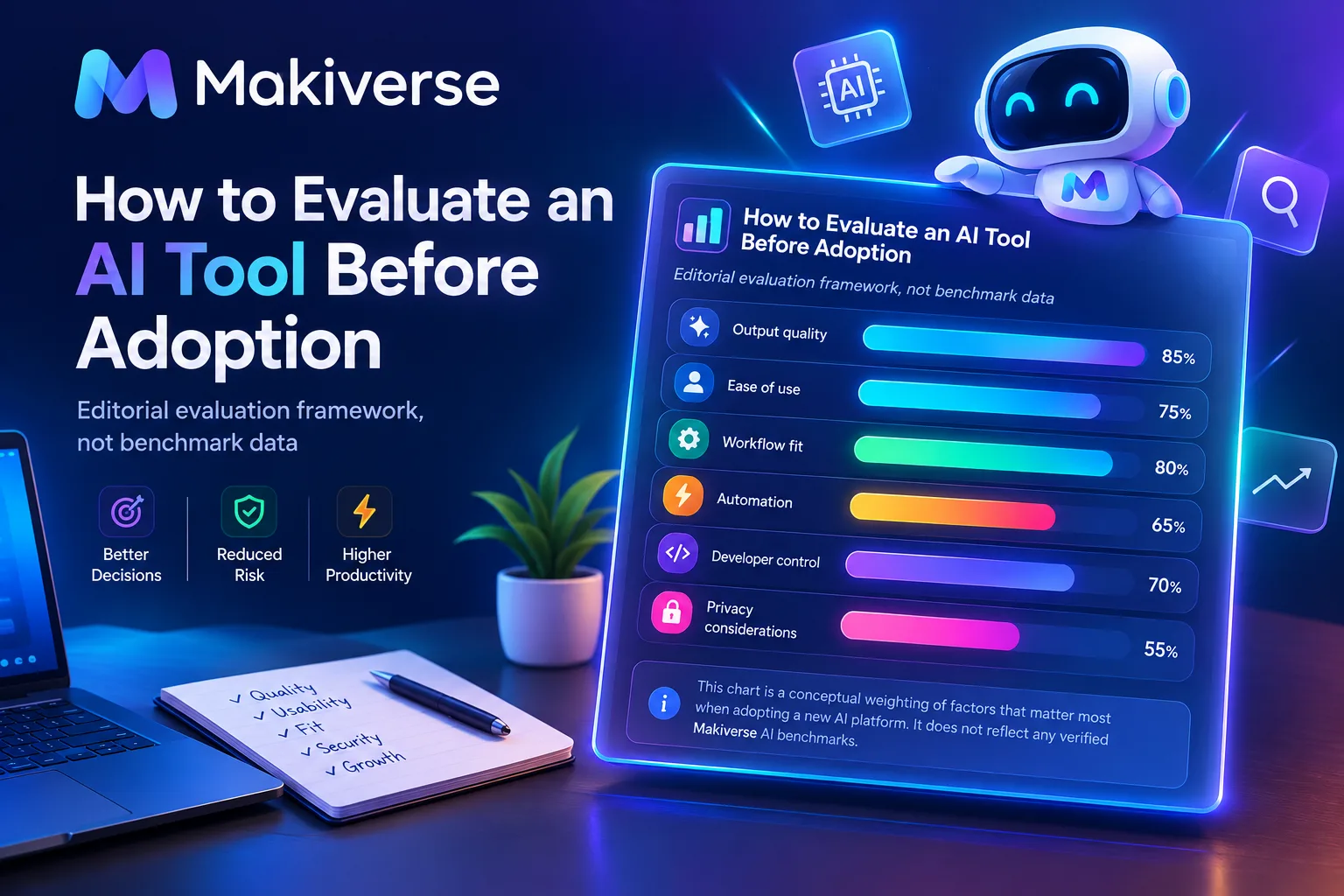 Makiverse AI tool evaluation framework showing output quality, ease of use, workflow fit, automation, developer control and privacy considerations.