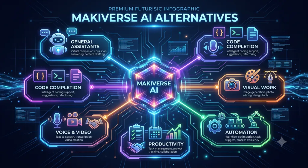 A premium, futuristic infographic titled 'Makiverse AI Alternatives'. It features a glowing central hub connected by neon lines to six distinct AI software categories: General Assistants, Code Completion, Visual Work, Automation, Productivity, and Voice & Video, represented by modern tech icons in a dark UI/UX design aesthetic.