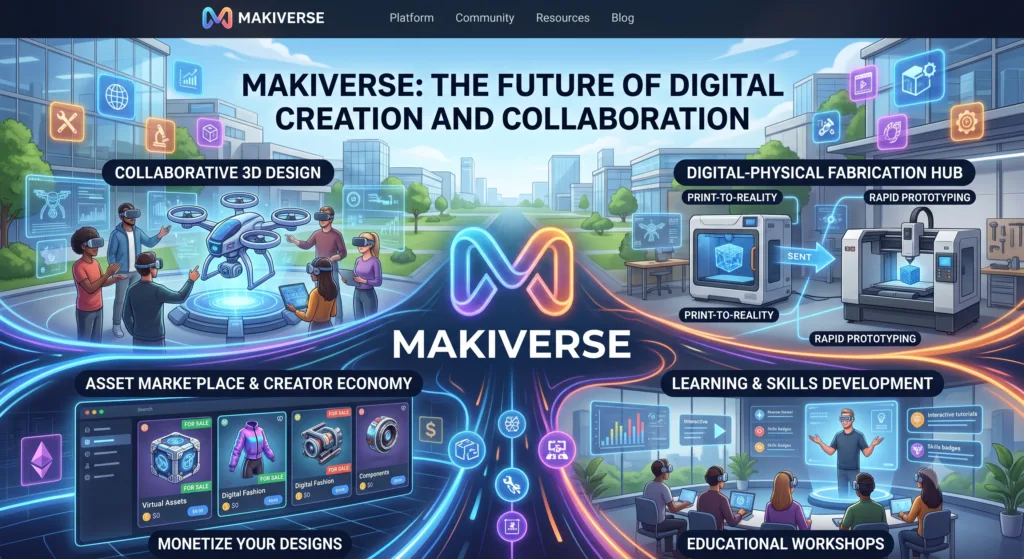 An illustration of the Makiverse digital platform, highlighting its main features including Collaborative 3D Design, Digital-Physical Fabrication, an Asset Marketplace for creators, and Educational Workshops for skills development.