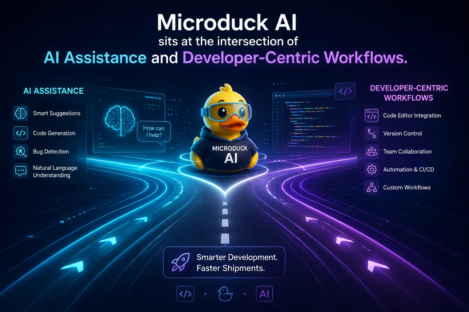 Microduck AI illustration showing AI assistance and developer-centric workflows with coding, automation, collaboration and smart development features.