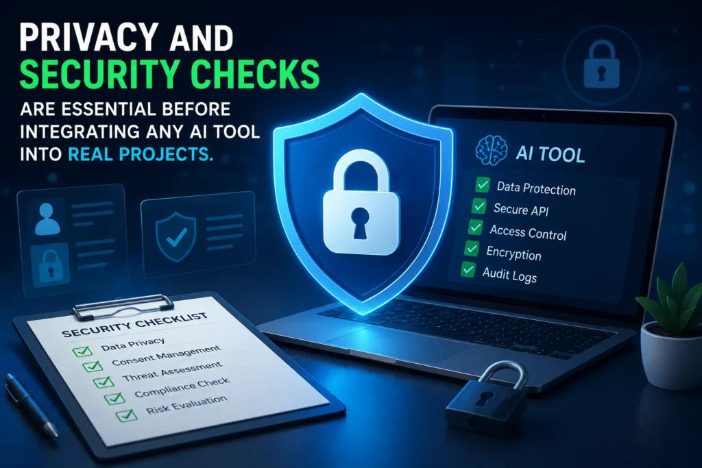 Privacy and security checks for integrating AI tools into real projects, featuring a secure AI laptop, shield and lock, and security checklist