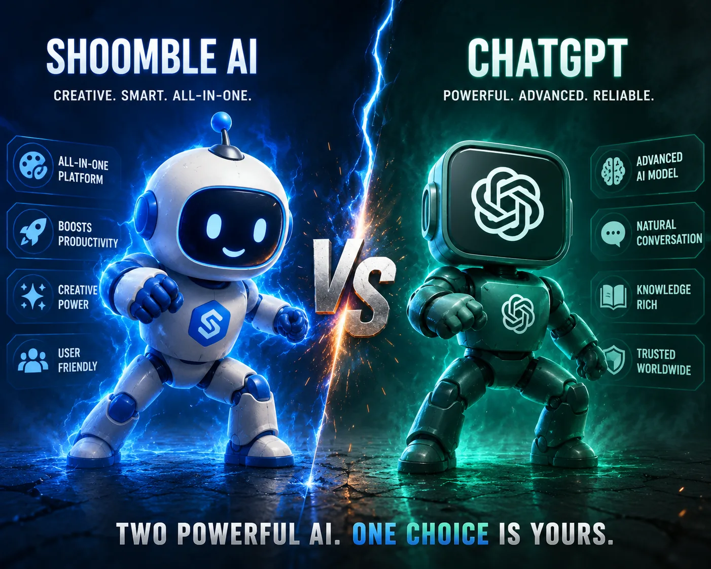Shoomble AI vs ChatGPT comparison showing two AI robots facing each other in a futuristic digital arena.