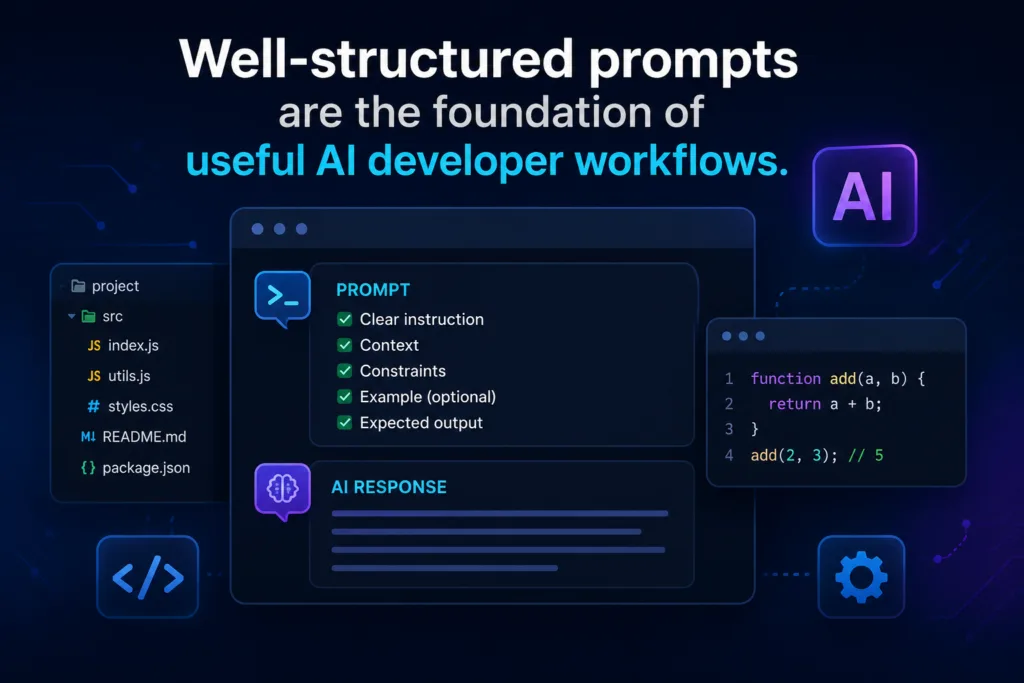 Well-structured AI prompts forming the foundation of an AI developer workflow, with prompt elements, code, and AI response interface.