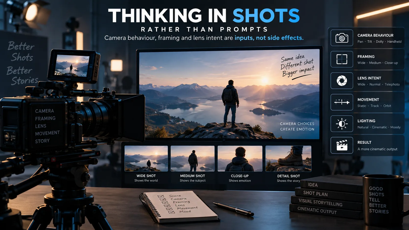Cinematic 16:9 infographic showing a professional camera setup and monitor with a mountain scene, illustrating how camera behaviour, framing, lens choice and movement shape the final shot.