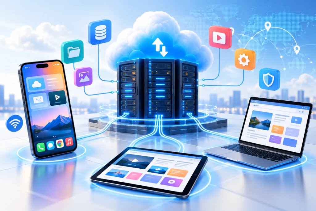 Mobile devices connected to cloud servers and digital infrastructure with glowing data networks and cloud computing icons.