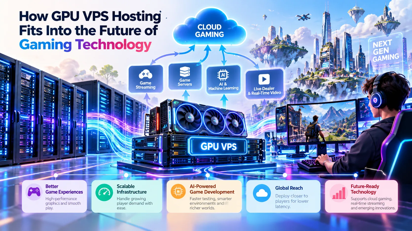 Illustration showing how GPU VPS hosting supports the future of gaming technology through cloud gaming, high-performance servers, AI-powered game development, live video streaming and scalable gaming infrastructure.