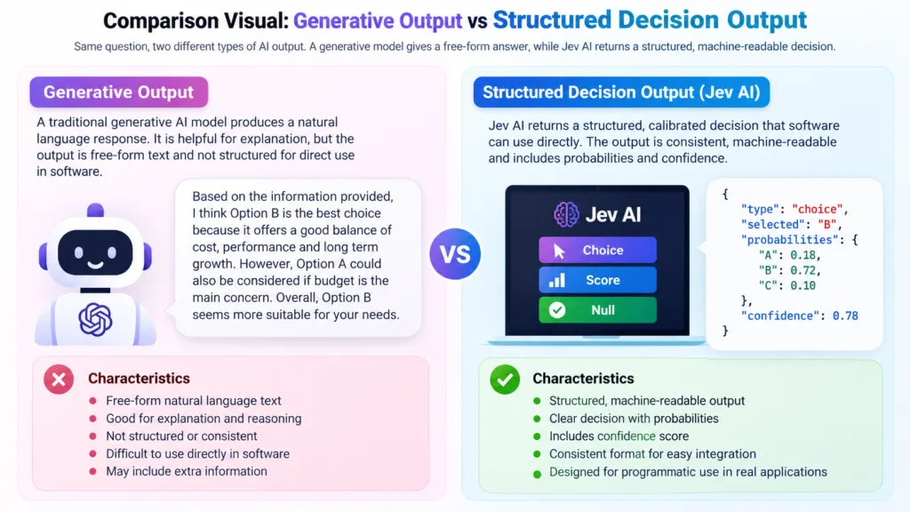 Comparison of generative AI output and Jev AI structured decision output, highlighting natural language responses versus machine-readable decisions with probabilities, confidence scores, and programmatic integration.