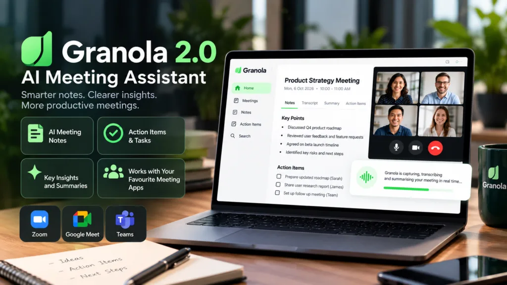 Granola 2.0 AI meeting assistant displayed on a laptop with AI meeting notes, transcripts, summaries, action items and video-call integration.