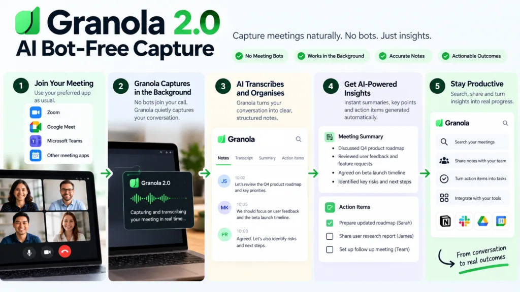Granola 2.0 AI Bot-Free Capture workflow showing how meetings are captured without bots, then transcribed, organised into notes, converted into AI summaries and action items, and turned into productive outcomes.