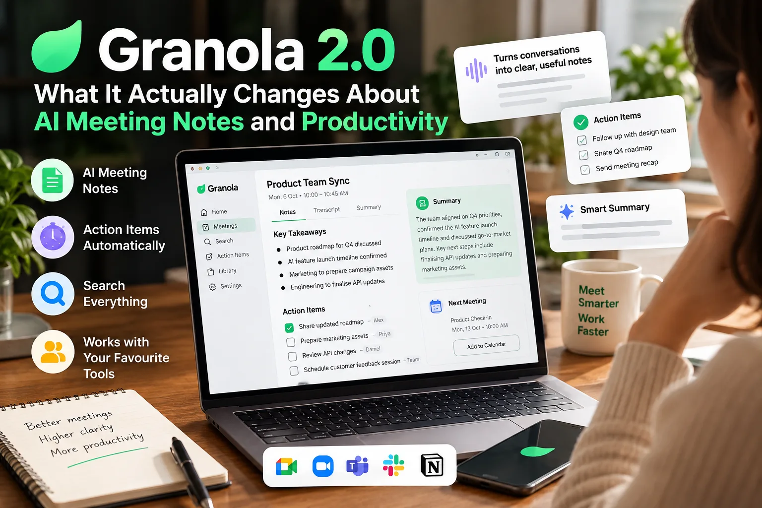 Granola 2.0 AI meeting notes and productivity features on laptop