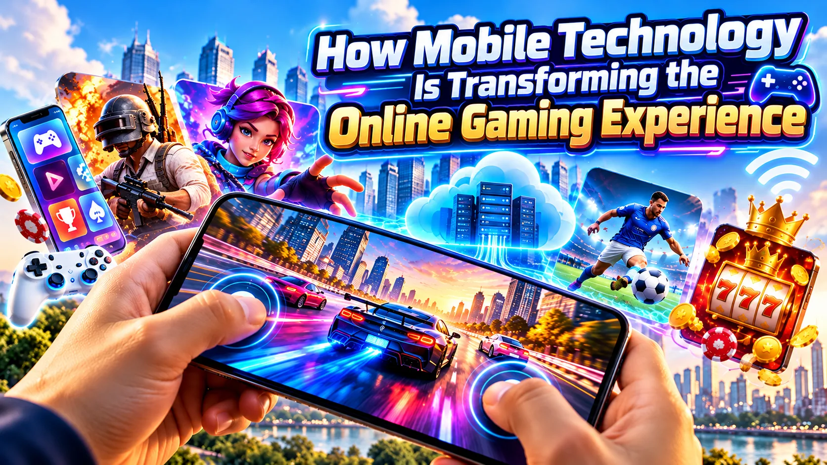Mobile technology transforming online gaming with smartphone racing games, cloud gaming servers, esports, Wi-Fi connectivity and online casino games.