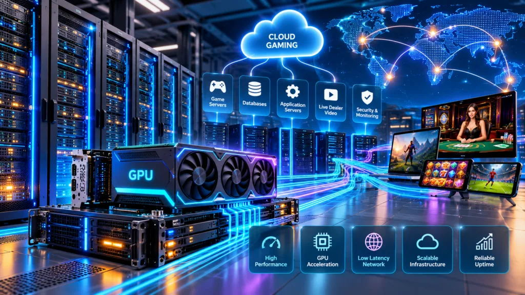 GPU VPS hosting infrastructure featuring server racks, a graphics processing unit (GPU), cloud gaming systems and interconnected global networks.