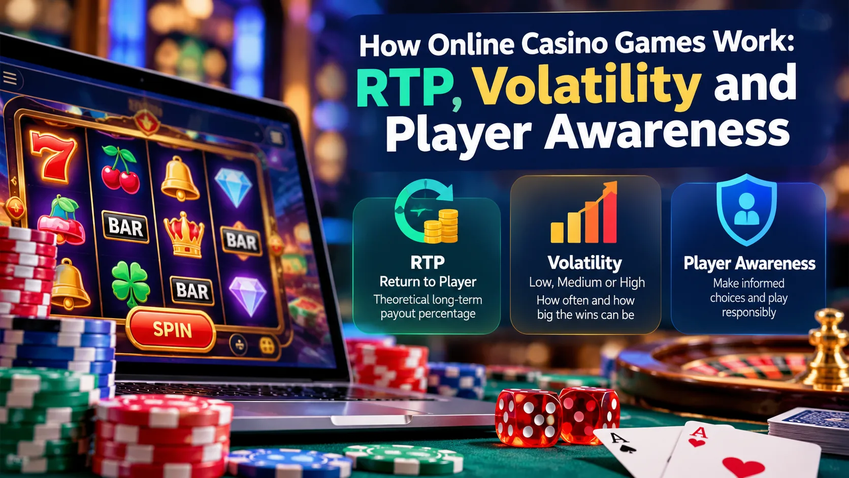 Online casino games illustration explaining RTP, volatility levels and player awareness with slot machines, casino chips, dice and responsible gambling icons.