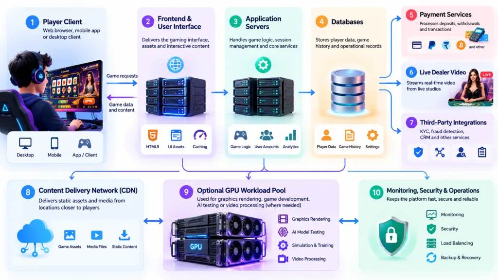 Diagram showing online gaming platform architecture, connecting player clients, frontend interfaces, application servers, databases, payment services, live dealer video, CDN, optional GPU workloads and security monitoring.