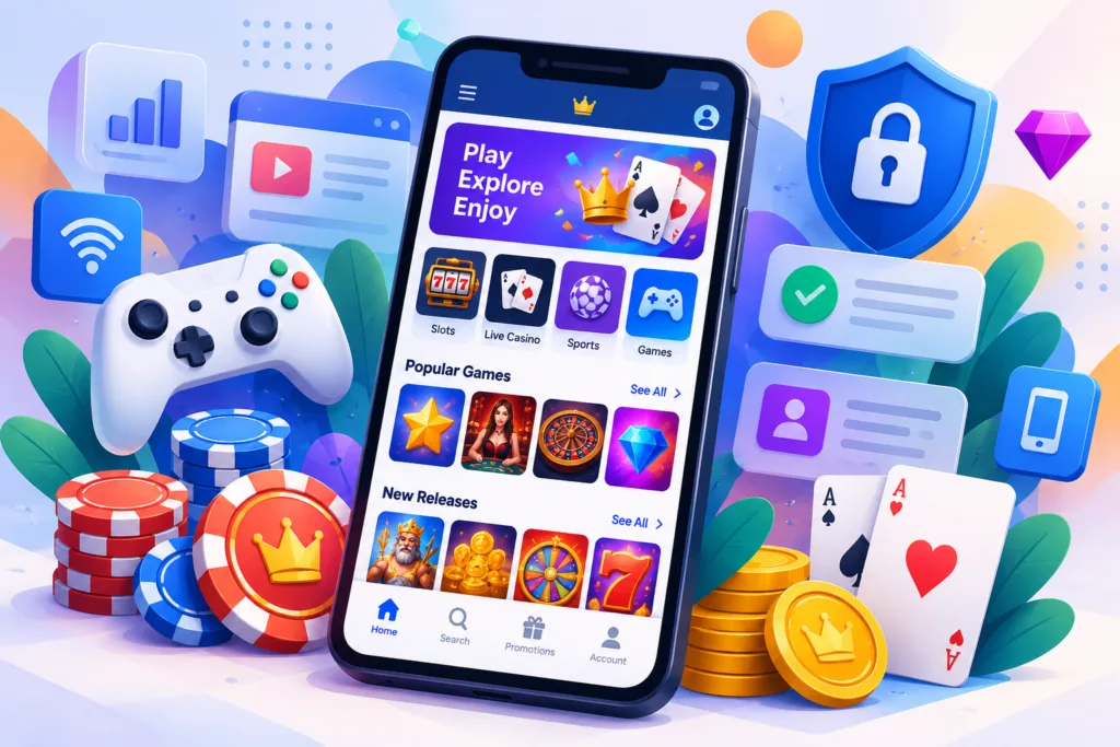 Modern iGaming experience featuring a colourful smartphone gaming interface, casino games, mobile technology, and digital security elements.